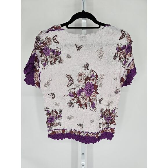 Vtg 1990s ABC Collection Womens OS Popcorn Stretchy Shirt White Purple Floral - Picture 3 of 3